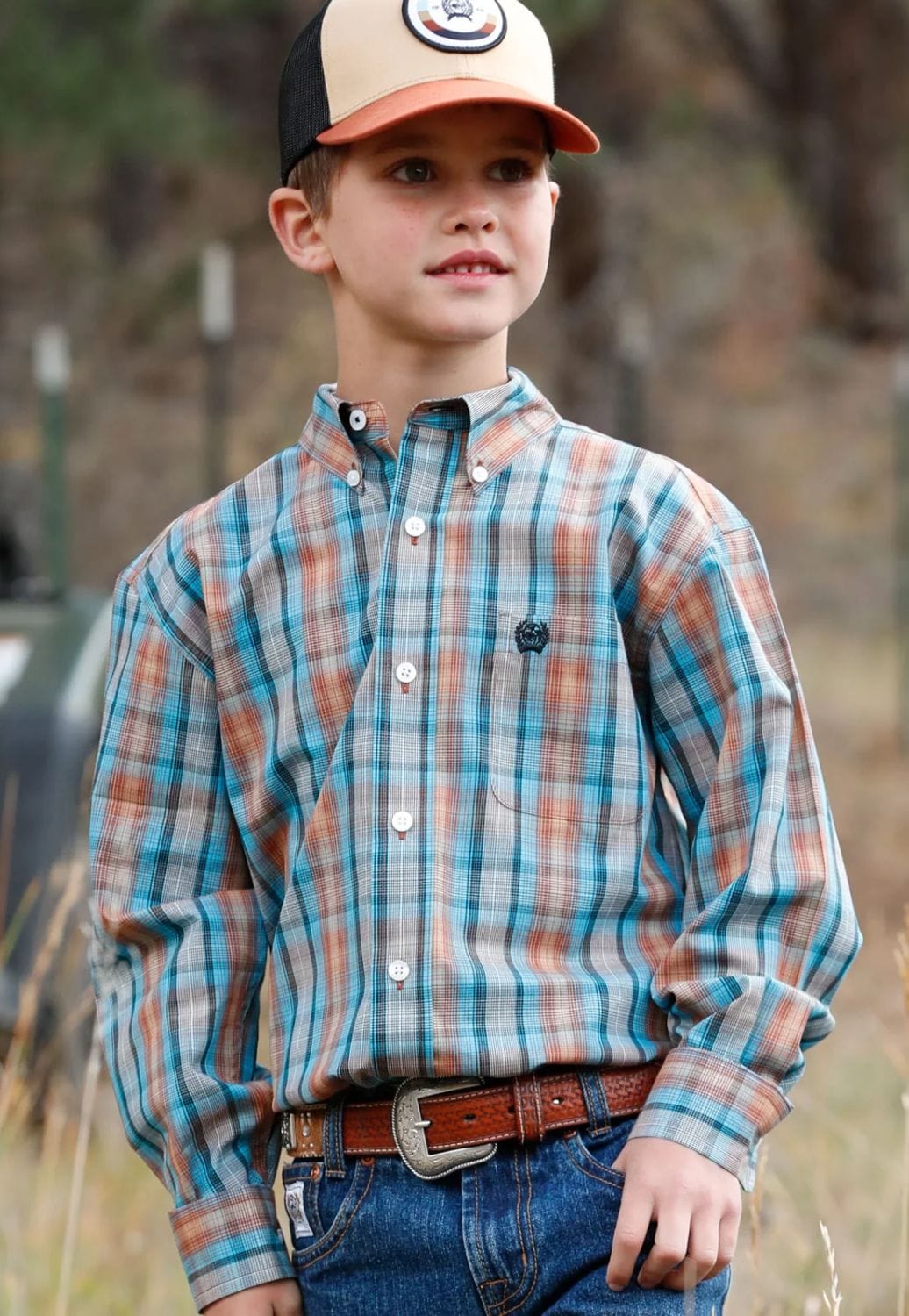 Cinch CLOTHING-Boys Long Sleeve Shirts Cinch Boys Plaid Western Sleeve Long Sleeve Shirt