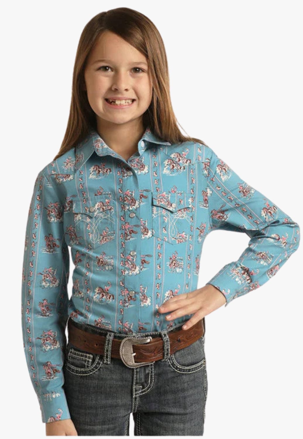 Panhandle CLOTHING-Girls Long Sleeve Shirts Panhandle Girls Rodeo Print Snap Long Sleeve Shirt