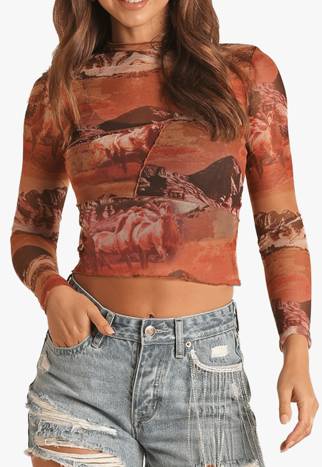 Rock and Roll CLOTHING-Womens Long Sleeve Shirts Rock and Roll Womens Mesh Printed Top