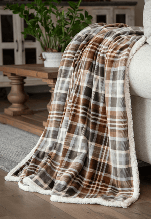 Carstens Gray & Chestnut Plaid Plush Sherpa Throw