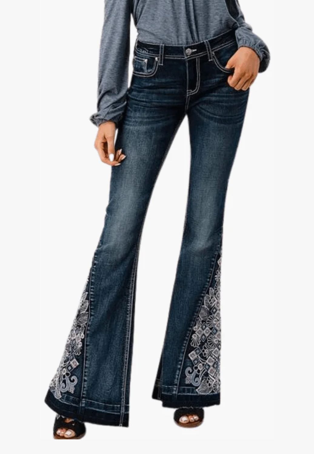 Grace In LA CLOTHING-Womens Jeans Grace In LA Womens Embroidered Side Detail Flare Jean