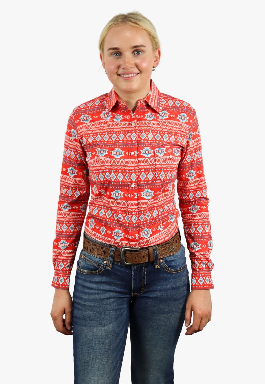 Red Label CLOTHING-Womens Long Sleeve Shirts Red Label Womens Print Snap Long Sleeve Shirt