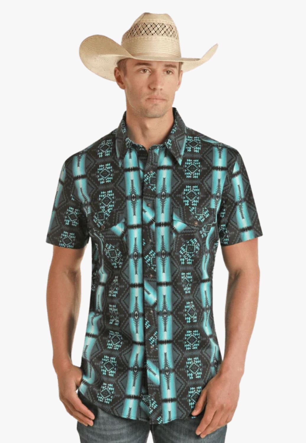 Rock and Roll CLOTHING-Mens Short Sleeve Shirts Rock and Roll Mens Aztec Print Snap Short Sleeve Shirt