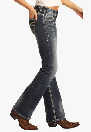 Rock and Roll CLOTHING-Womens Jeans Rock & Roll Womens Mid Rise Stretch Bootcut Jean