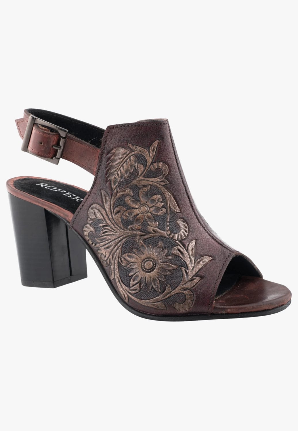 Roper women's tan tooled clearance open toe fashion heel